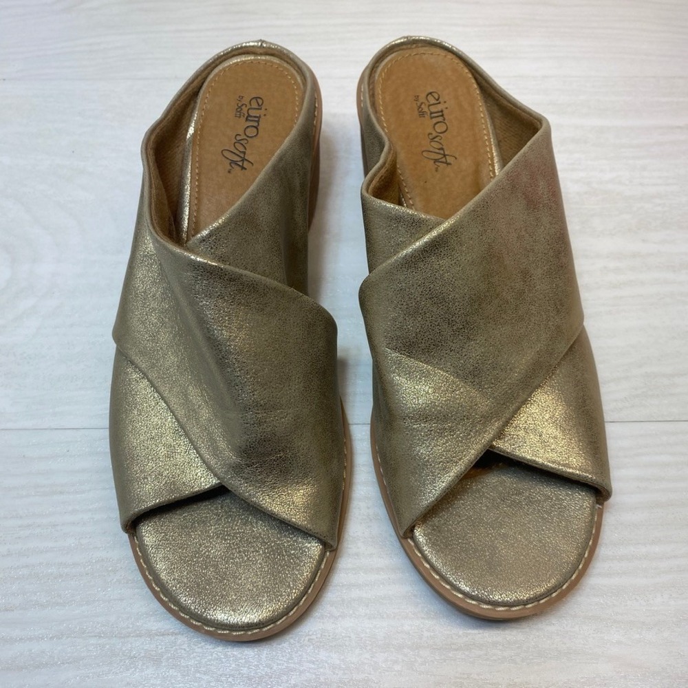 Eurosoft Womens 9 Cidney Mules Crisscross Gold Metallic Block Heel Slide Sandals